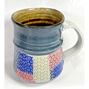 Connie Pike Pottery Hand Thrown Studio Coffee Mug Signed Blue Jean Patchwork